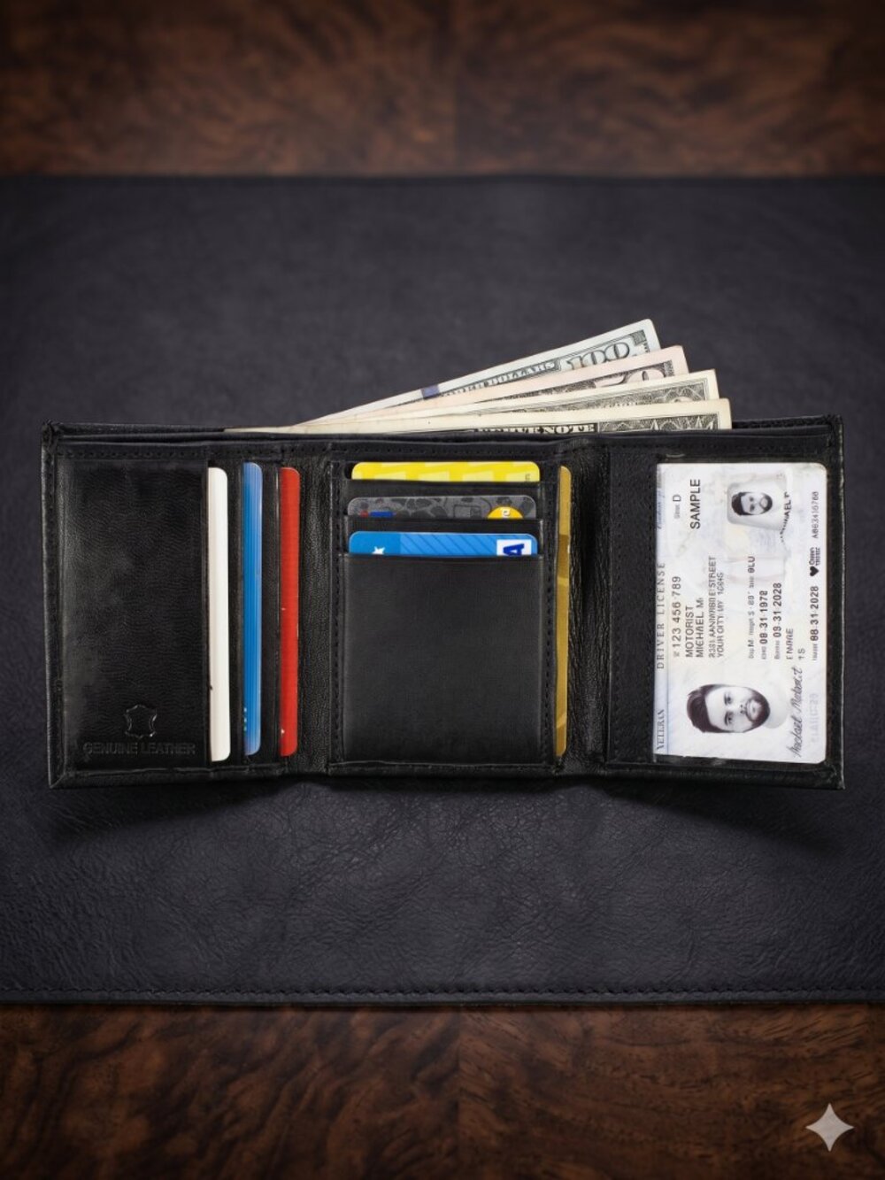 Men Black Lambskin Leather Trifold Wallet